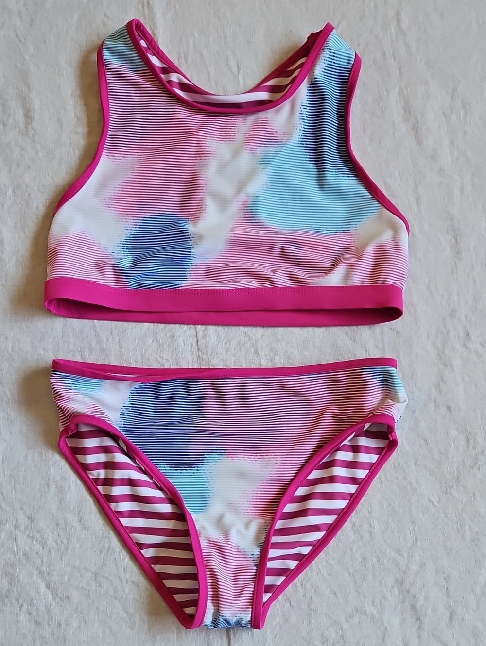 Eddie Bauer Girls Pink and Blue Patterned Two-Piece Reversible Swim Set Sz 14-16
